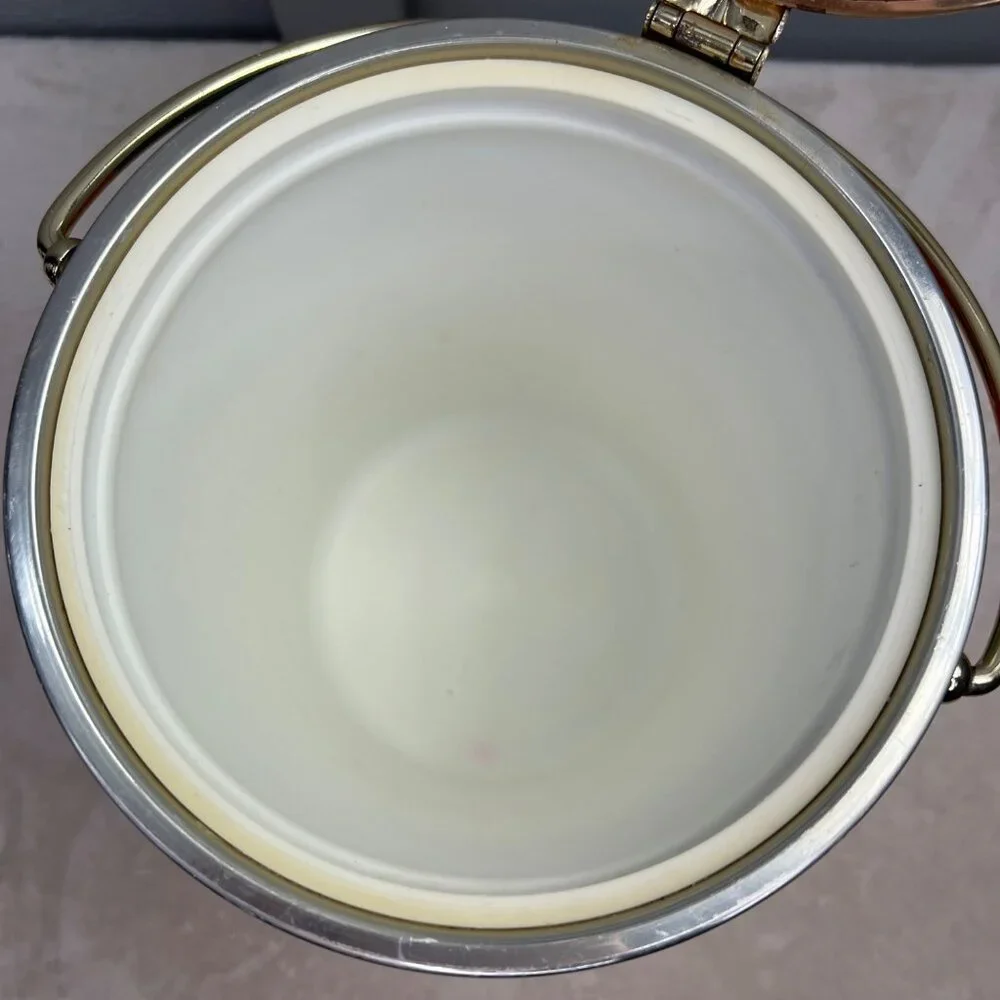 Vintage Kraftware Ice Bucket Martini Rossi King William Piper Gold Tone Flip Lid